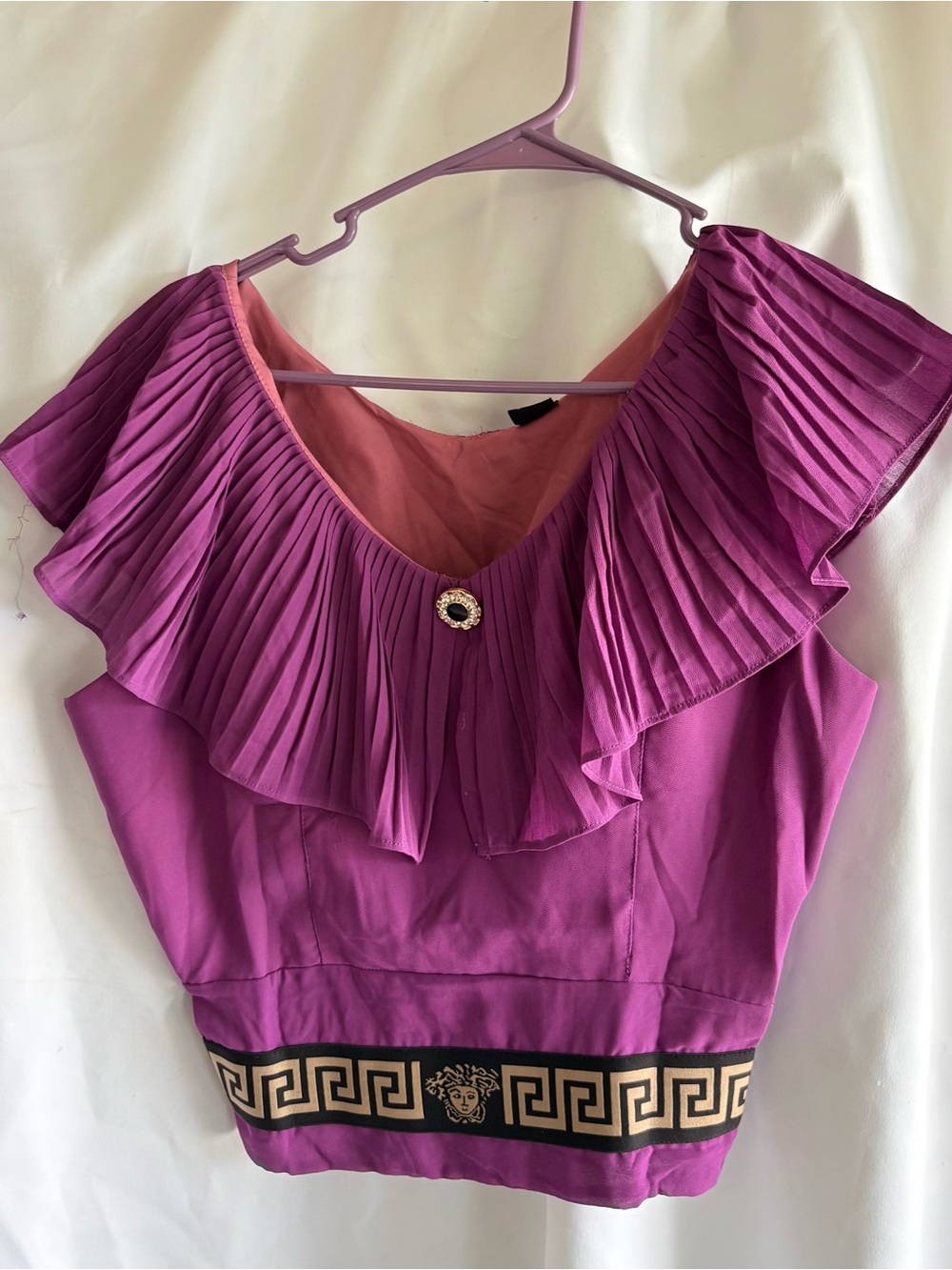 Versace-Inspired Purple Pleated Ruffle Women's Top vintage.
